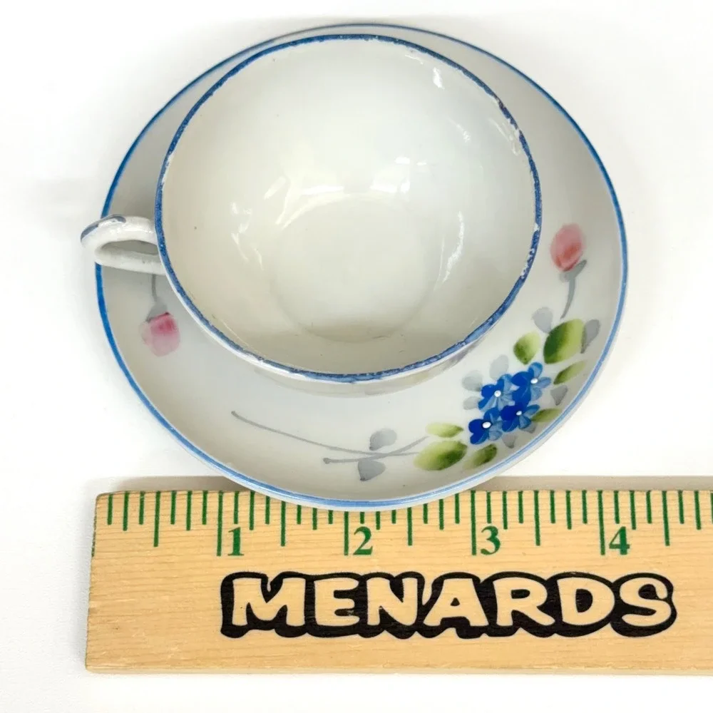Vintage Japan Miniature Tea‎ Set 4pc Floral Porcelain Teacup Saucer Creamer Blue